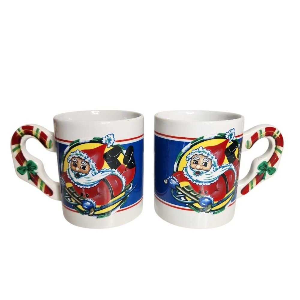 Vintage Santa Claus On A Sled Coffee Mug With Candy Cane On Handle Christmas Lot